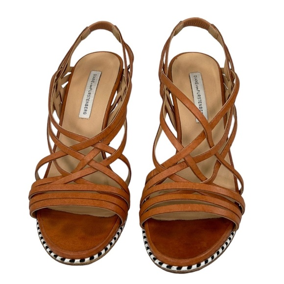 Diane von Furstenberg Tan Leather Strappy Slingback Stiletto Sexy Heels SZ 8.5 B - Picture 3 of 11